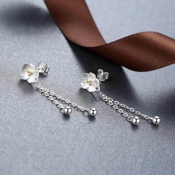 14k Gold Gorgeous Flower Drop Earrings Sterling Silver - Picture 5 of 9